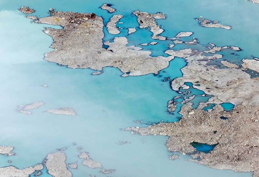 Aerial view of turquoise coloured glacial lake