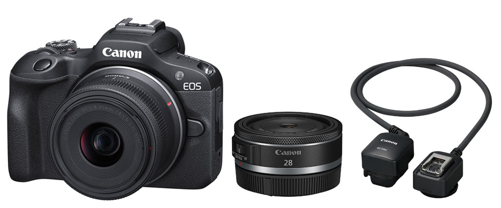 EOS R100, RF 28mm f/2.8 STM lens, and OC-E4A multi-function shoe