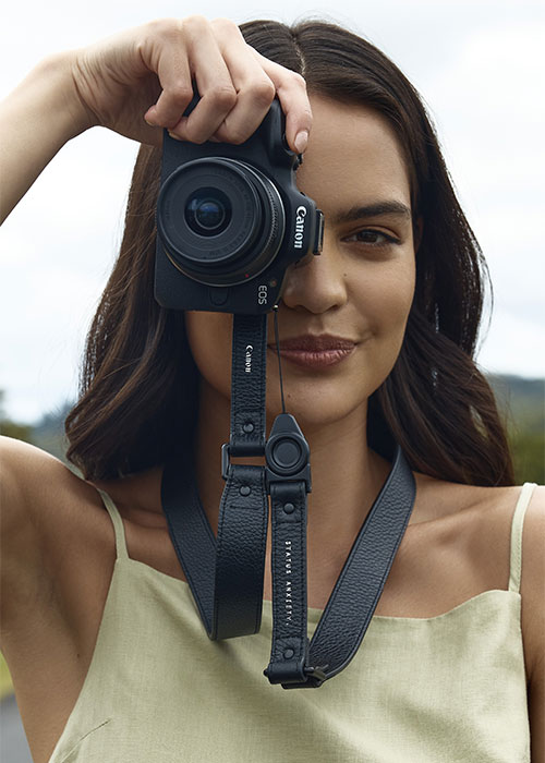 EOS R50 pictured with limited-edition strap