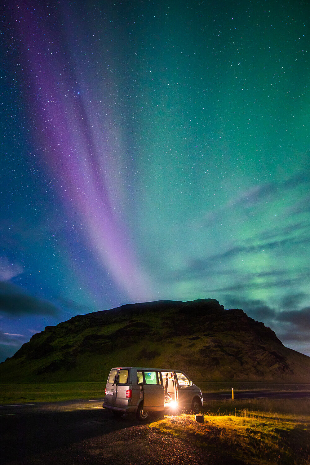 photography of a van under the Northern Lights. Image by Steph Vella
